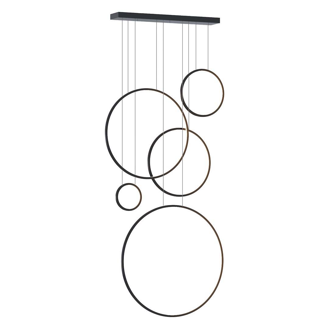 Lampa wisząca LED Saturno 100W 4000K w kolorze czarnym, składająca się z pięciu okrągłych elementów o różnych rozmiarach, zawieszonych na cienkich linkach. Montowana na prostokątnej podstawie sufitowej w czarnym kolorze.