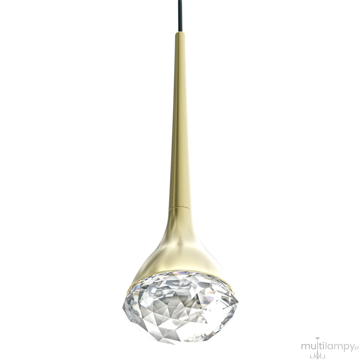 Lampa wisząca LED Crima Old Gold 6W 3000K w kolorze złota satynowego, o smukłej formie z podłużnym, metalowym korpusem i szklanym kloszem w kształcie diamentu. Zawieszona na czarnym przewodzie, idealna do nowoczesnych wnętrz.