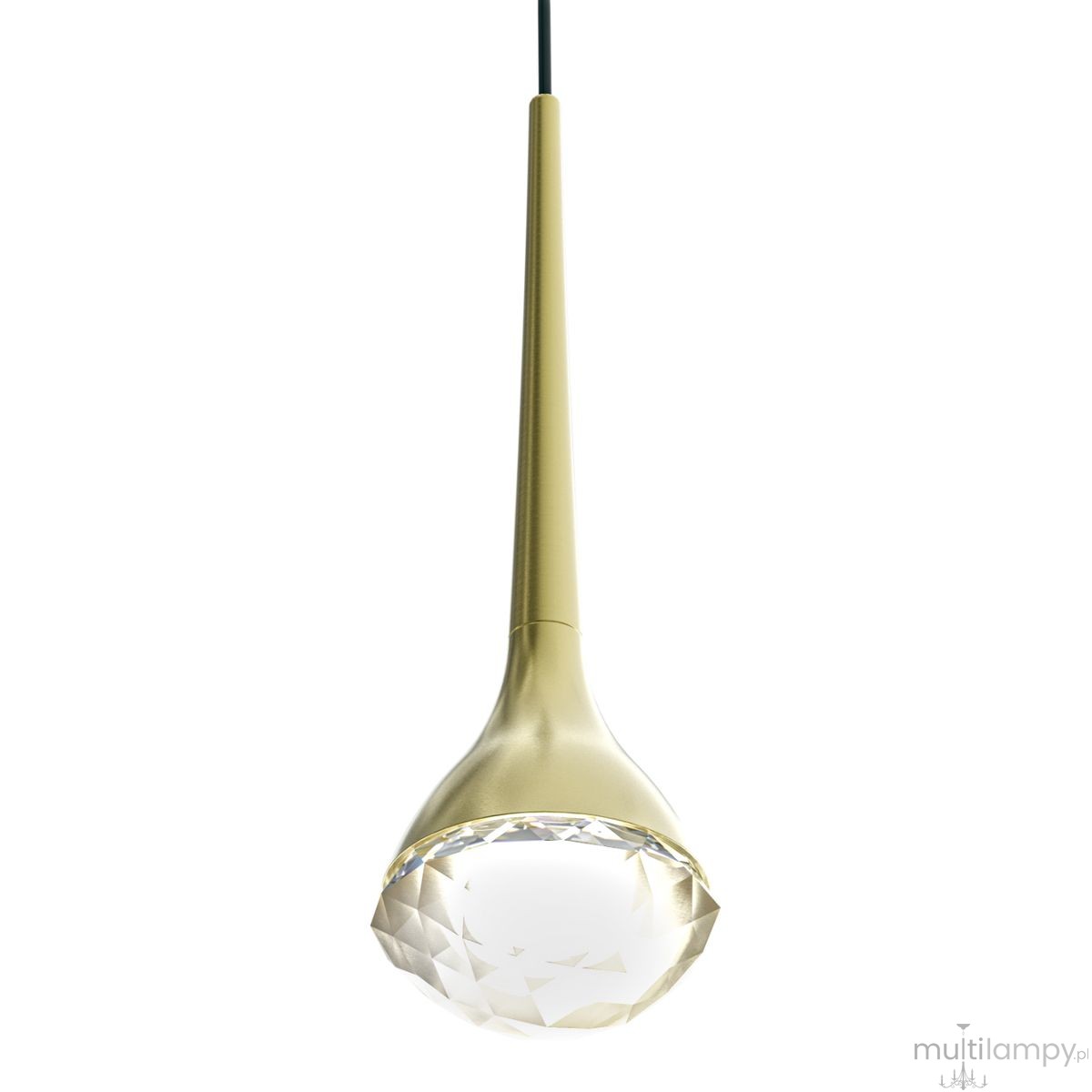 Lampa wisząca LED Crima Old Gold 6W 3000K w kolorze złota satynowego. Smukła konstrukcja z wykończeniem w złocie, zakończona kryształowym kloszem, wisi na cienkim kablu. Idealna do nowoczesnych aranżacji wnętrz.