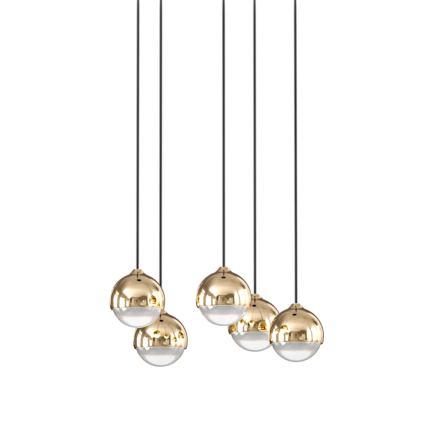 Lampa wisząca LED Bolicina V Gold z pięcioma okrągłymi kloszami w złotym kolorze, zawieszona na czarnych przewodach. Klosze mają połyskującą, metaliczną górę i przezroczystą dolną część. Oświetlenie o mocy 25W, barwa światła 3000K.