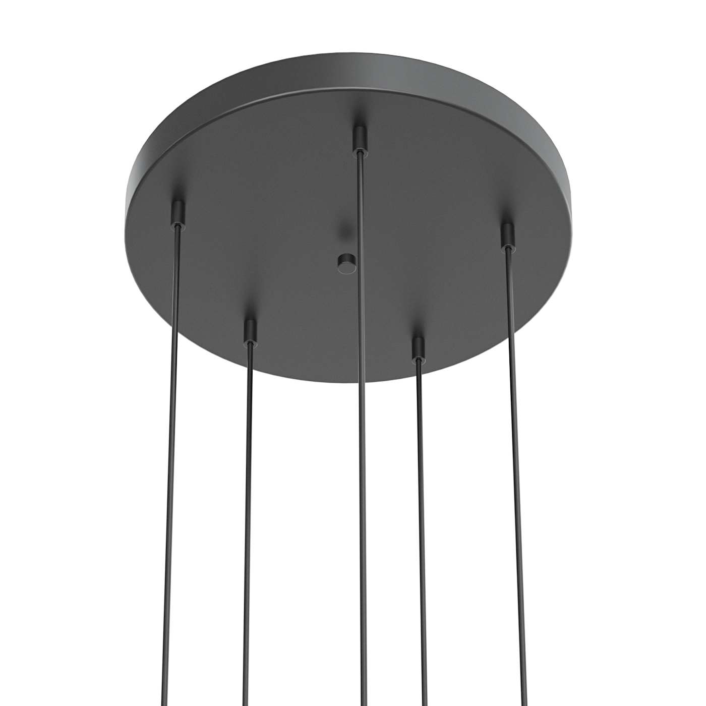 Czarna podsufitka lampy wiszącej Bolicina V Gold z pięcioma zwisającymi przewodami. Lampa LED 25W o barwie 3000K, zaprojektowana do nowoczesnych wnętrz. Prosta, minimalistyczna forma idealna do różnych aranżacji.