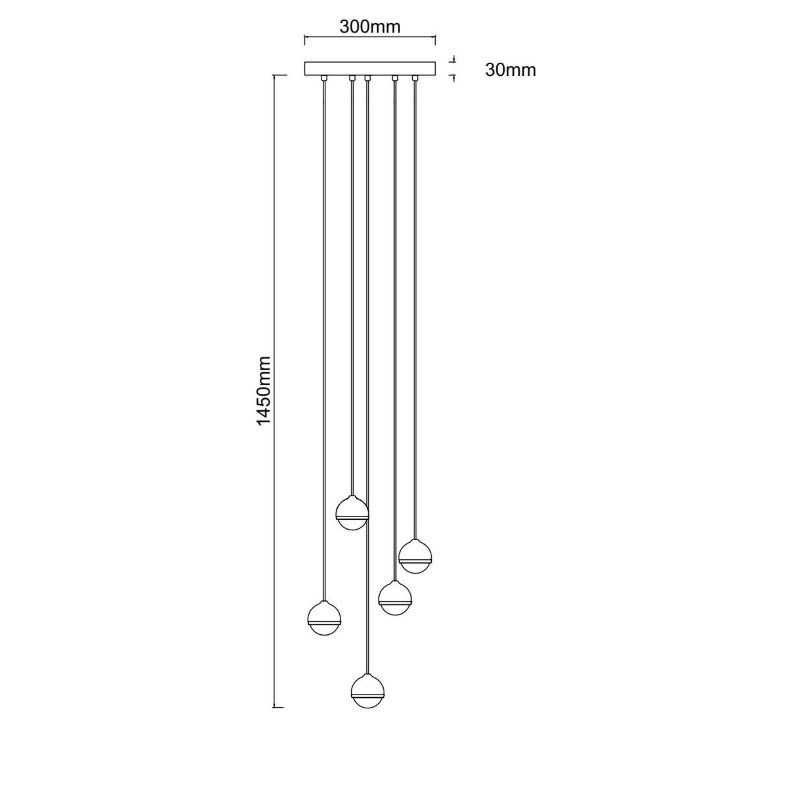 Lampa wisząca LED Bolicina V Gold 25W 3000K w kolorze złotym, z czterema kulistymi kloszami zawieszonymi na różnych długościach. Prosty, nowoczesny design, montowana sufitowo, idealna do wnętrz. Wymiary: 300mm szerokości, 1450mm wysokości.