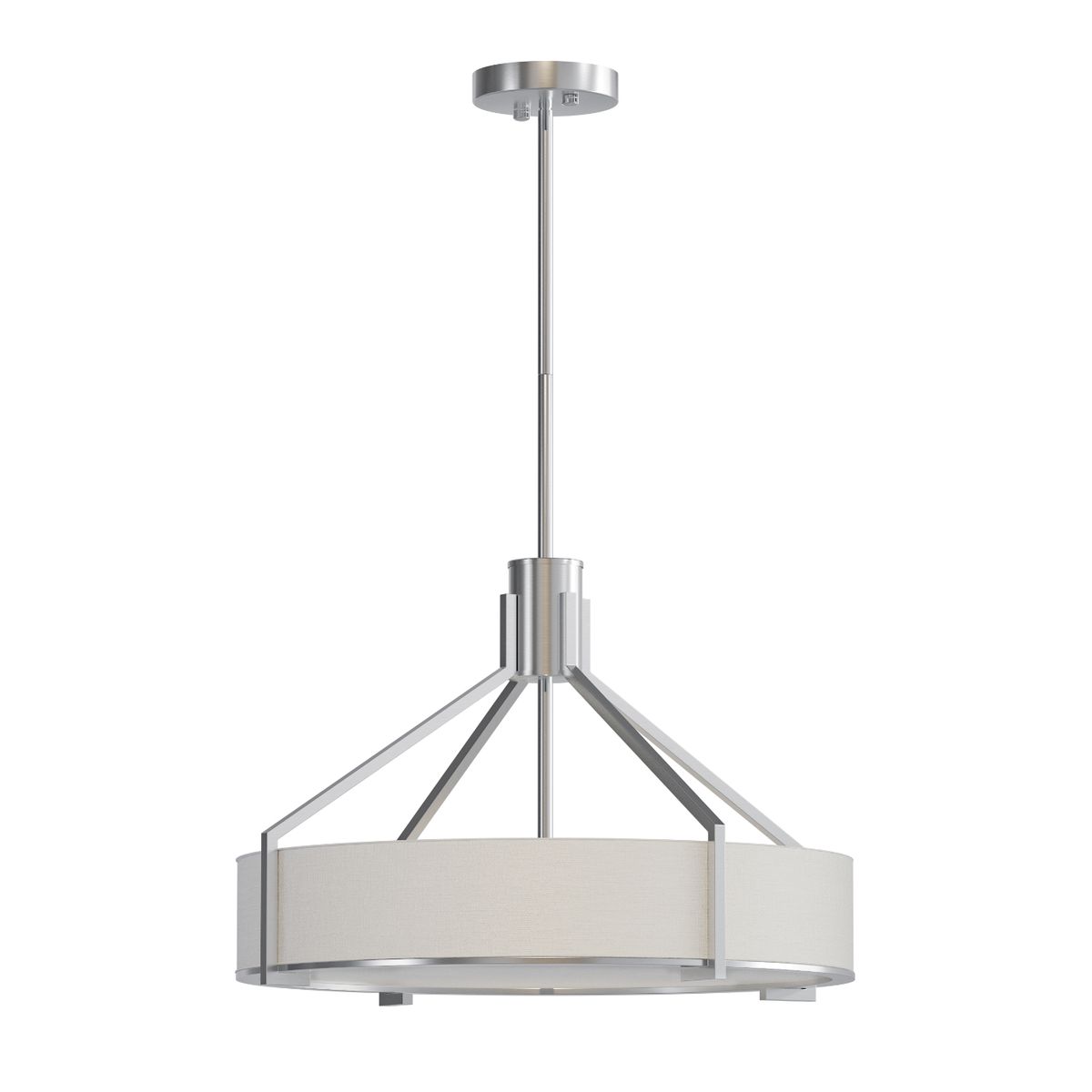 Lampa wisząca Doretto Satin w kolorze niklu, z okrągłym kloszem z jasnego materiału. Posiada trzy gniazda E27. Ujęcie z boku, wisząca na długim przewodzie, metalowa konstrukcja z widocznymi, prostymi liniami.