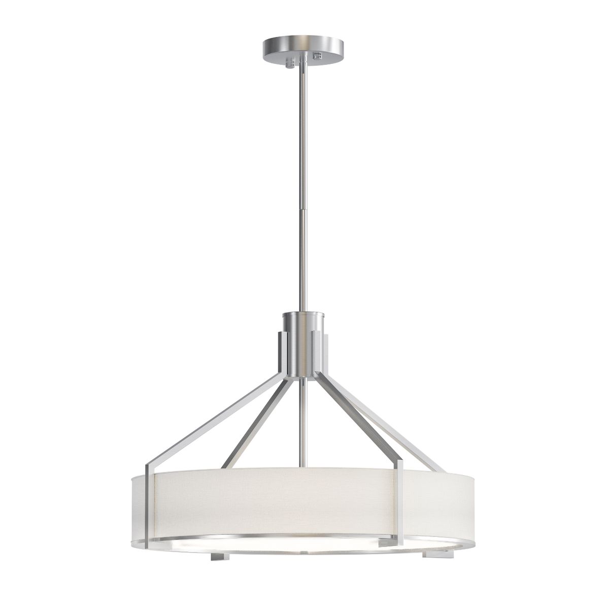 Lampa wisząca Doretto Satin Nikiel D50 z trzema oprawami E27. Srebrna konstrukcja z metalowymi detalami i białym abażurem, zawieszona na regulowanym łańcuchu. Ujęcie frontalne, produkt w pełni widoczny na jednolitym tle.