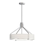 Lampa wisząca Doretto Satin Nikiel D50 z trzema oprawami E27. Srebrna konstrukcja z metalowymi detalami i białym abażurem, zawieszona na regulowanym łańcuchu. Ujęcie frontalne, produkt w pełni widoczny na jednolitym tle.