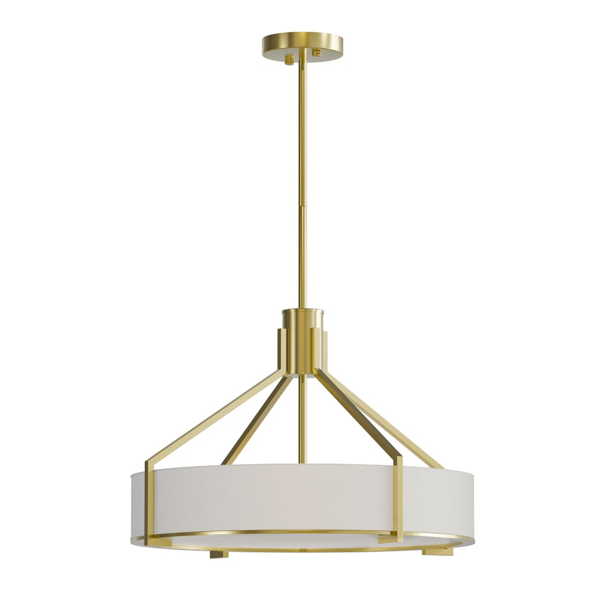 Lampa wisząca Doretto Old Gold D50 w kolorze złotym, z okrągłym abażurem w jasnym odcieniu. Posiada trzy gniazda E27, metalowy stelaż z delikatnymi, geometrycznymi detalami. Ujęcie frontalne, zawieszona na długim przewodzie, na prostym tle.