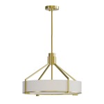 Lampa wisząca Doretto Old Gold D50 w kolorze złotym, z okrągłym abażurem w jasnym odcieniu. Posiada trzy gniazda E27, metalowy stelaż z delikatnymi, geometrycznymi detalami. Ujęcie frontalne, zawieszona na długim przewodzie, na prostym tle.