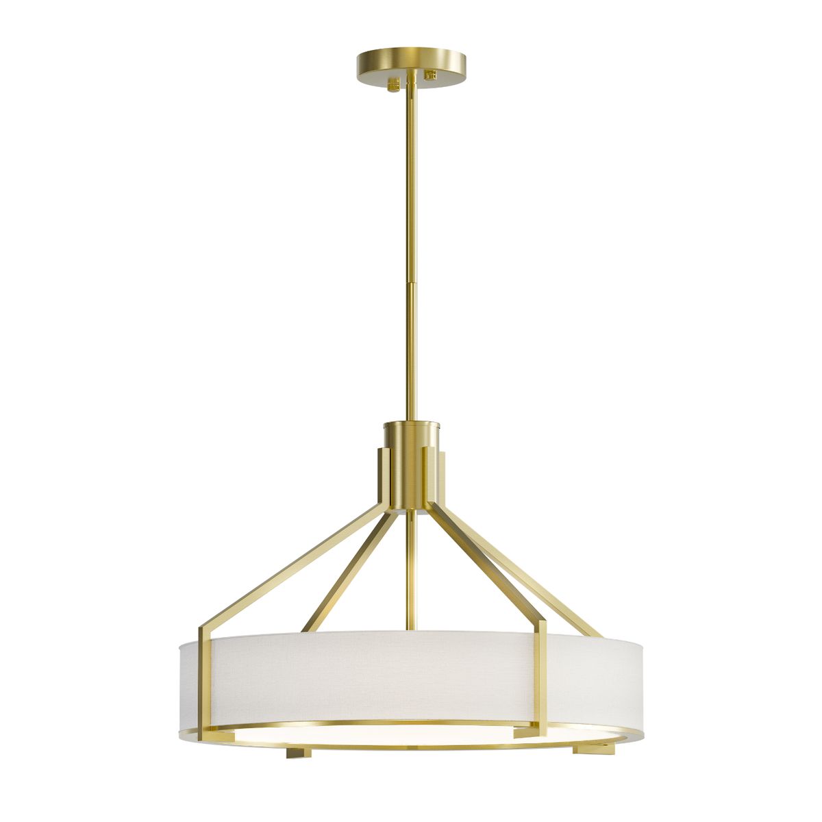 Lampa wisząca Doretto Old Gold D50 w kolorze złotym, z białym abażurem. Posiada trzy gniazda E27, metalową konstrukcję oraz okrągłą podstawę. Zawieszona na cienkim drucie, ukazuje nowoczesny design. Tło białe, co podkreśla elegancję produktu.