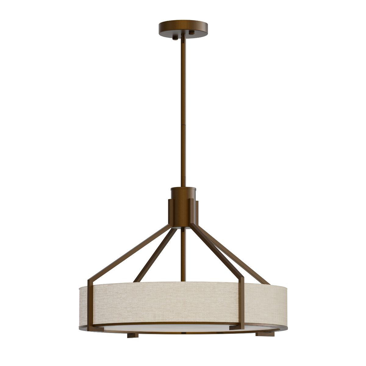 Lampa wisząca Doretto Chocco D50 w kolorze brązowym, z metalową konstrukcją i okrągłym abażurem z beżowego materiału. Ujęcie frontalne, zawieszona na długim przewodzie. Przeznaczona na trzy żarówki E27.