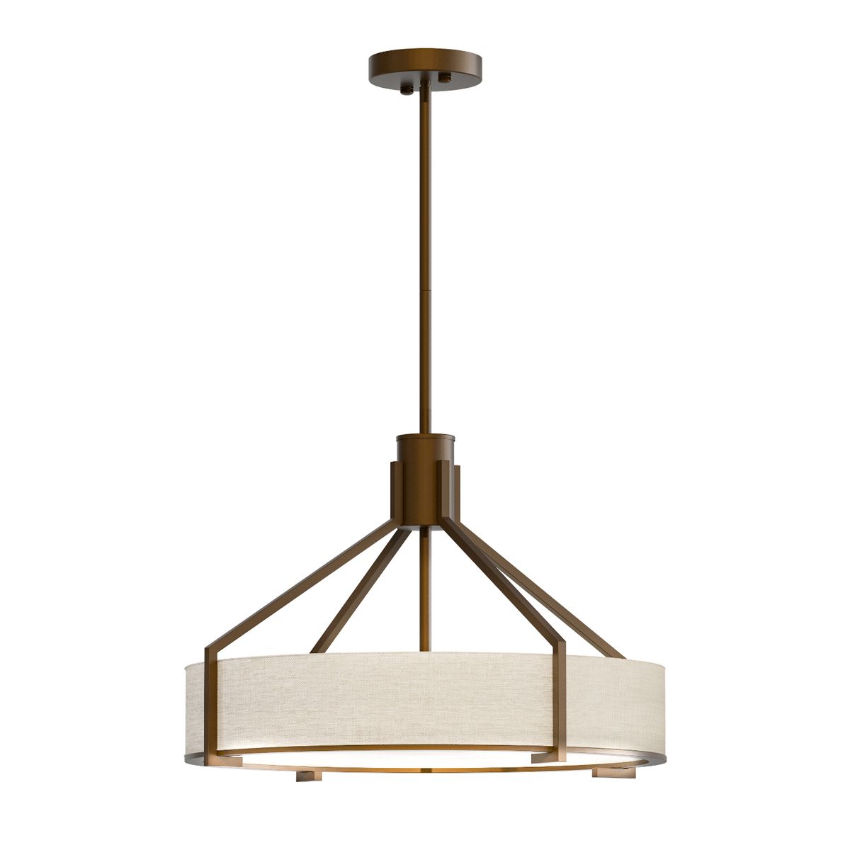 Brązowa lampa wisząca Doretto Chocco D50 z trzema źródłami światła E27, z okrągłym, tekstylnym kloszem w jasnym kolorze. Produkt zawieszony na długim, metalowym wsporniku, widok frontalny na całą konstrukcję.