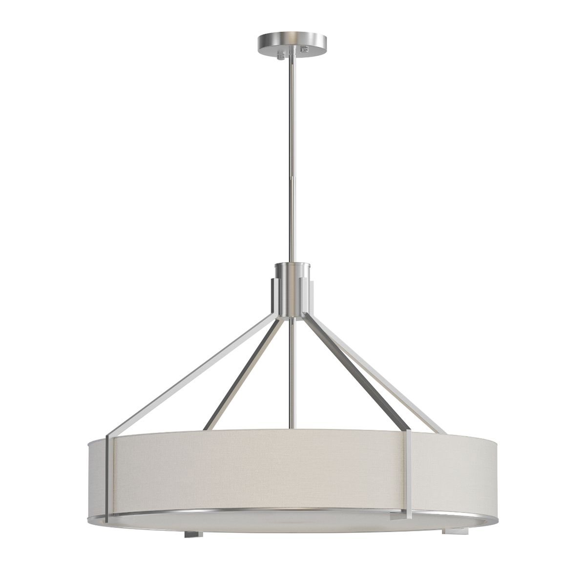 Lampa wisząca Doretto Satin Nikiel D70 w kolorze srebrnym, z sześcioma miejscami na żarówki E27. Posiada okrągły klosz z materiału w jasnym odcieniu, zawieszona na metalowym stelażu z regulacją wysokości.