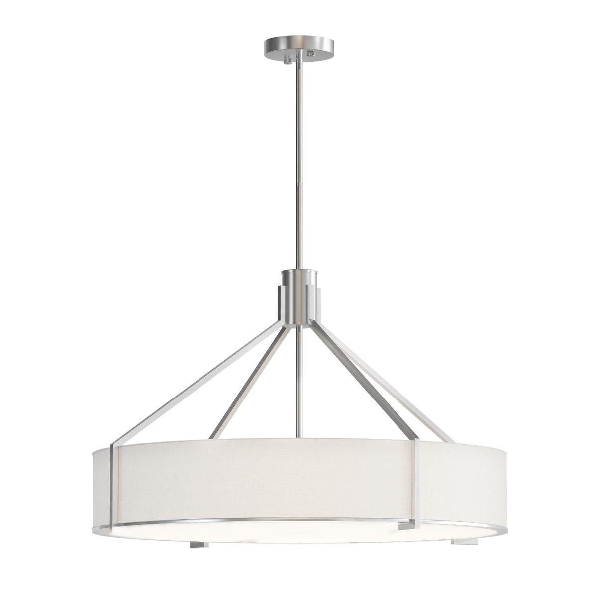 Lampa wisząca Doretto Satin Nikiel D70 w kolorze srebrnym, z sześcioma miejscami na żarówki E27. Posiada okrągły abażur z białego materiału, zawieszona na regulowanym stelażu z niklowanej stali.