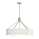 Lampa wisząca Doretto Satin Nikiel D70 w kolorze srebrnym, z sześcioma miejscami na żarówki E27. Posiada okrągły abażur z białego materiału, zawieszona na regulowanym stelażu z niklowanej stali.