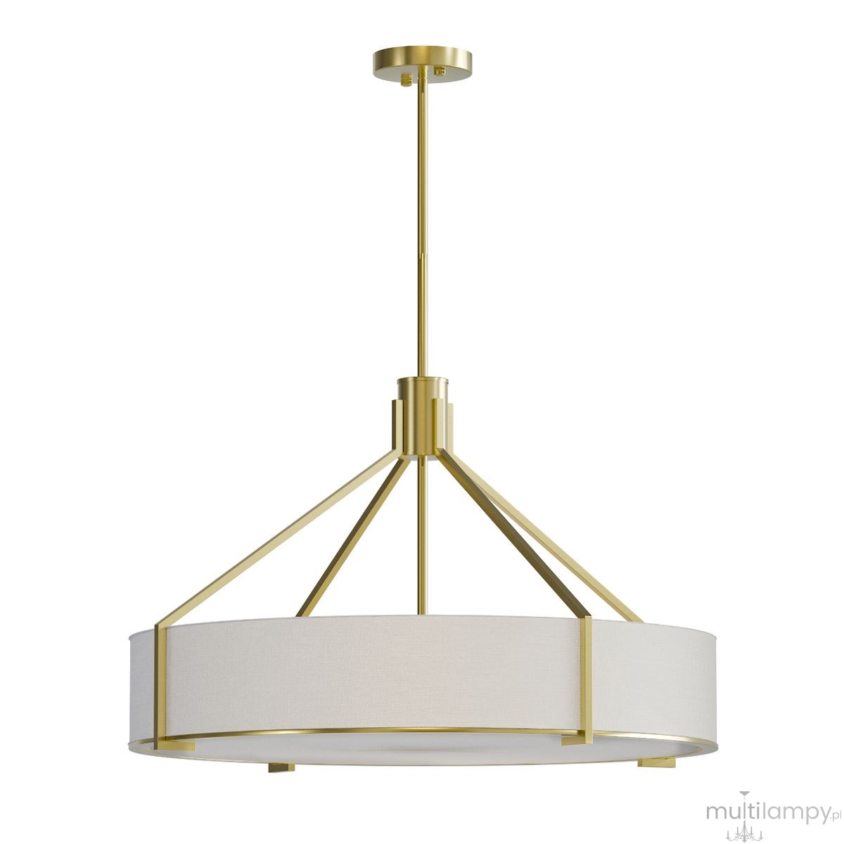 Lampa wisząca Doretto Old Gold D70 z sześcioma oprawami E27, w złotym kolorze, z okrągłym kloszem z jasnego materiału. Ujęcie frontalne, zawieszona na długim stelażu, idealna do nowoczesnych wnętrz.