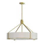 Lampa wisząca Doretto Old Gold D70 z sześcioma oprawami E27, w złotym kolorze, z okrągłym kloszem z jasnego materiału. Ujęcie frontalne, zawieszona na długim stelażu, idealna do nowoczesnych wnętrz.