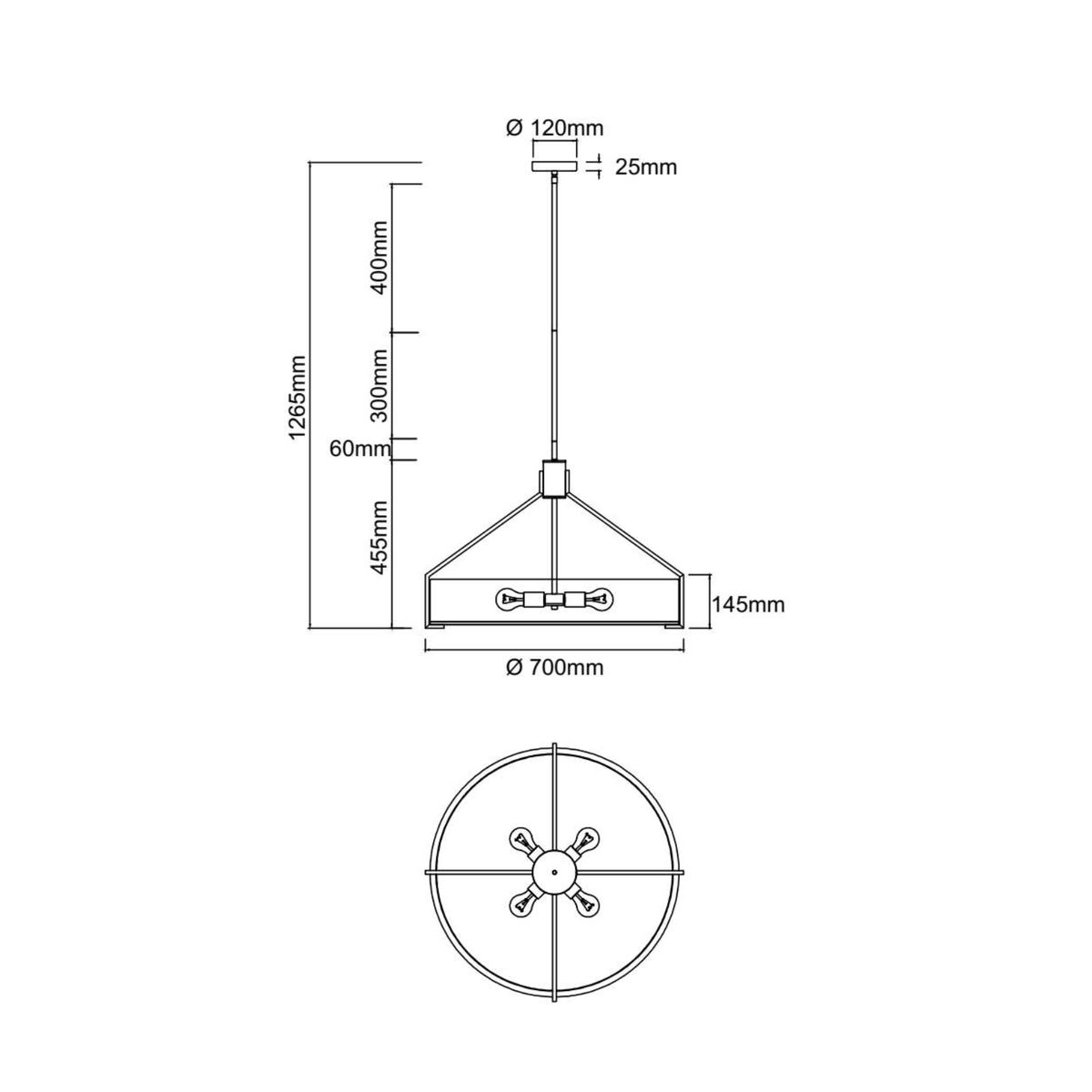 Lampa wisząca Doretto Chocco D70 w kolorze brązowym, z miejscem na 6 żarówek E27. Kształt stożkowy, średnica 700 mm, wysokość 1265 mm. Prosty, industrialny design z metalowymi detalami. Idealna do nowoczesnych wnętrz.