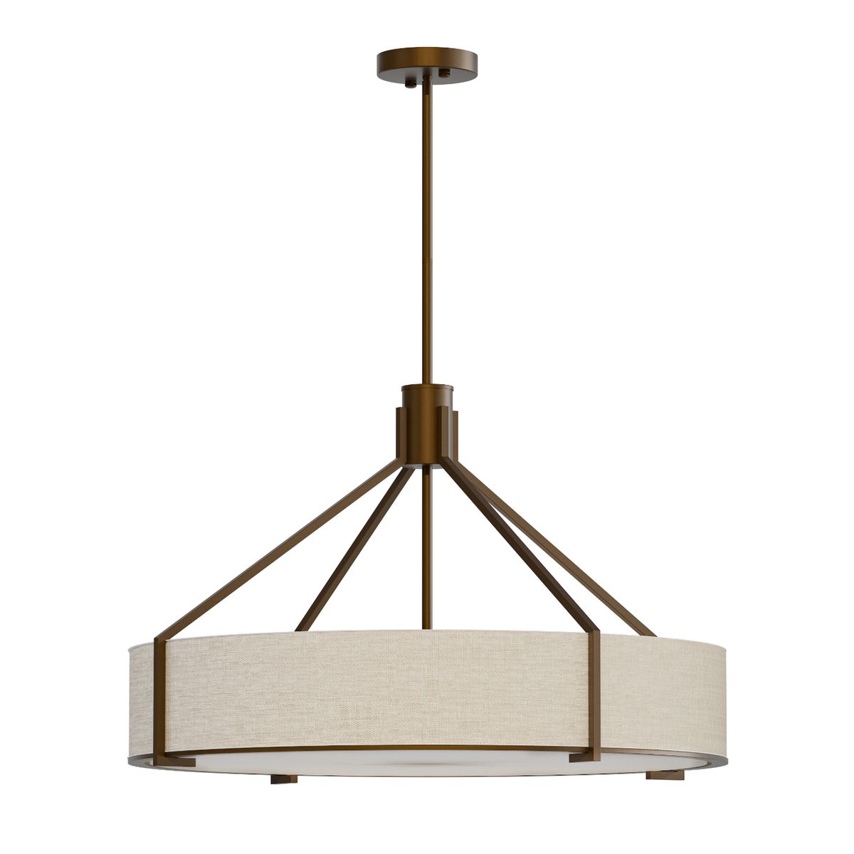 Lampa wisząca Doretto Chocco D70, brązowa, z metalowym stelażem i okrągłym kloszem z beżowego materiału. Posiada sześć gniazd E27, zawieszona na cienkim pręcie. Frontalne ujęcie, na białym tle.