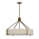 Lampa wisząca Doretto Chocco D70, brązowa, z metalowym stelażem i okrągłym kloszem z beżowego materiału. Posiada sześć gniazd E27, zawieszona na cienkim pręcie. Frontalne ujęcie, na białym tle.