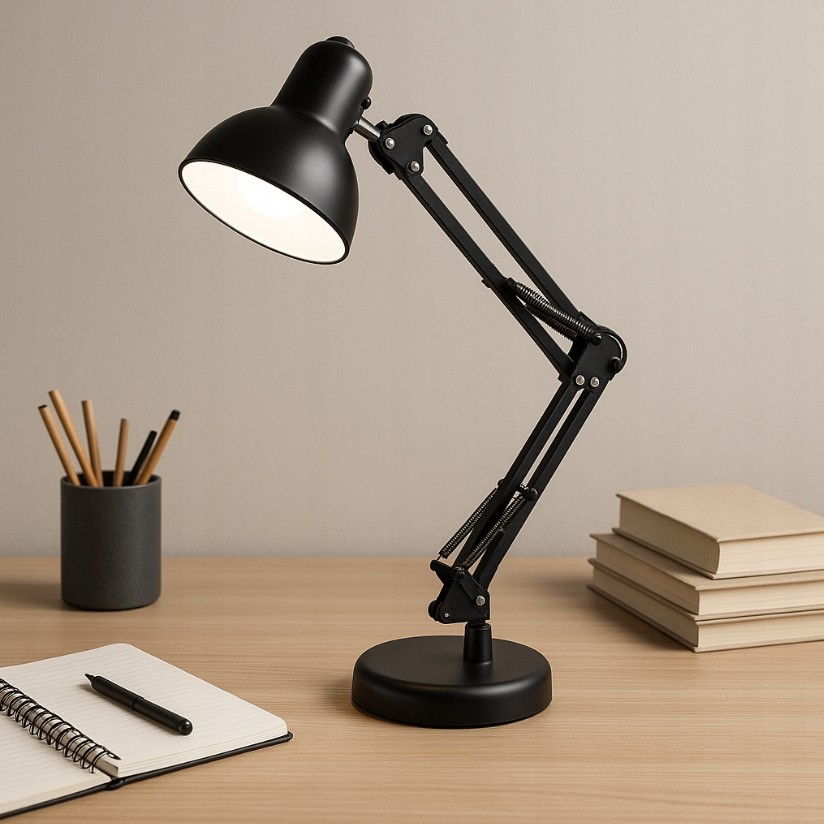 Lampka biurkowa Lena w kolorze czarnym z regulowanym ramieniem i podstawą. Widoczne akcesoria: notes, długopis oraz pojemnik z przyborami. Tło jasne, drewniany stół. Lampka ustawiona na stole, z widocznym źródłem światła w kloszu.