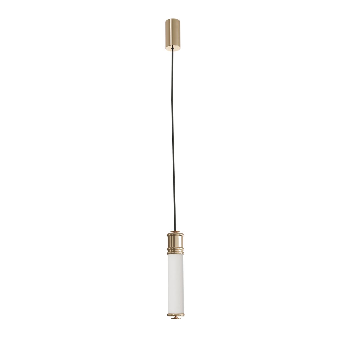 Lampa wisząca LED Omi I Gold 10W 3000K w kolorze złotym. Produkt ma cylindryczny kształt z białym kloszem z matowego szkła i złotą oprawą. Zawieszona na czarnym przewodzie, widoczna z boku na jednolitym tle.
