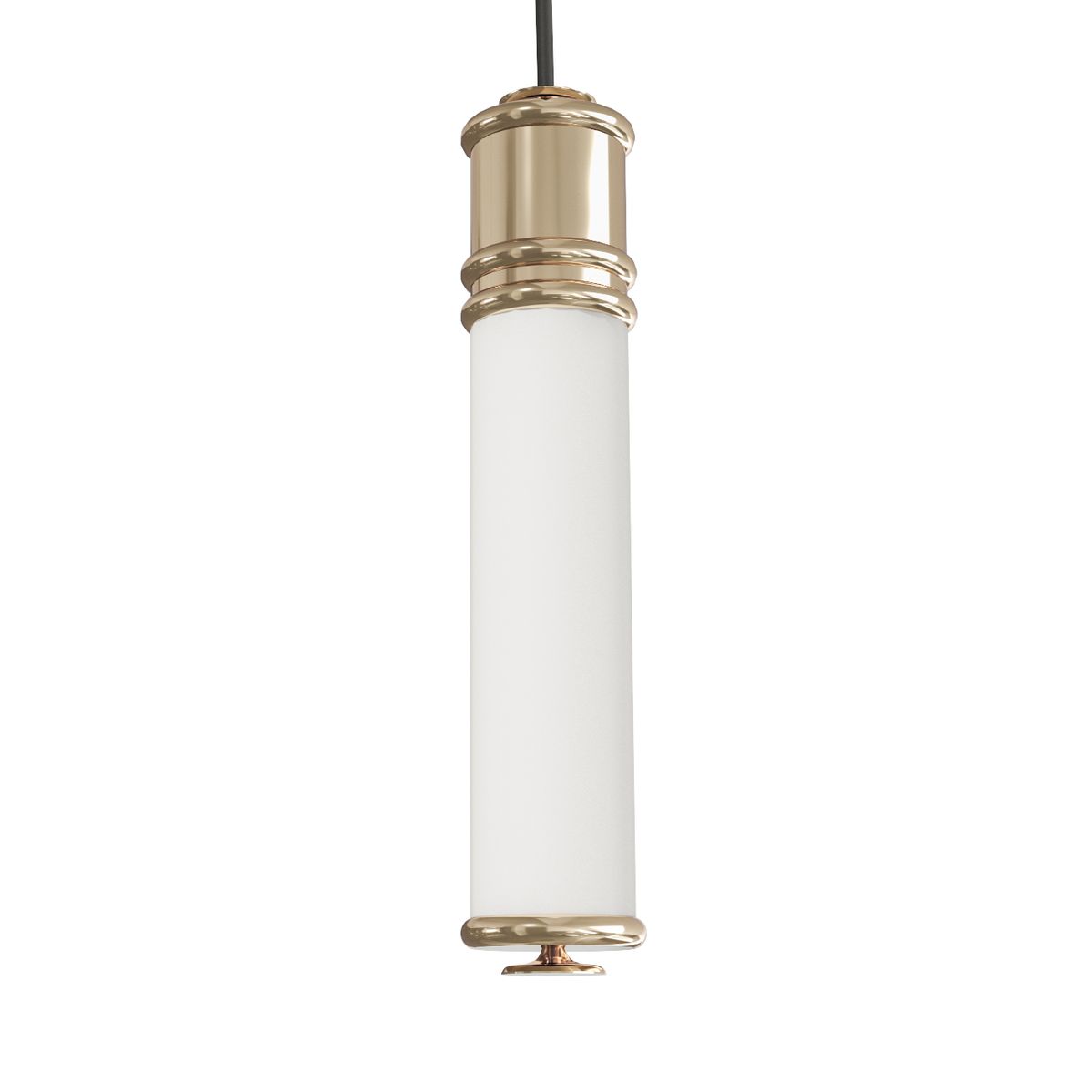 Lampa wisząca LED Omi I Gold o mocy 10W, z białym, cylindrycznym kloszem i złotymi elementami. Ujęcie frontalne, lampa zawieszona na czarnym kablu, emitująca ciepłe światło 3000K. Idealna do nowoczesnych wnętrz.