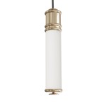 Lampa wisząca LED Omi I Gold o mocy 10W, z białym, cylindrycznym kloszem i złotymi elementami. Ujęcie frontalne, lampa zawieszona na czarnym kablu, emitująca ciepłe światło 3000K. Idealna do nowoczesnych wnętrz.
