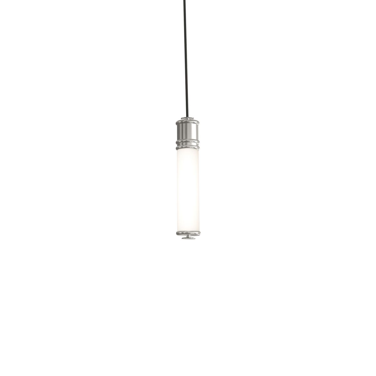 Lampa wisząca LED Omi I Cromo 10W 3000K w kolorze chromu, w kształcie cylindrycznym, z mlecznym kloszem, zawieszona na czarnym przewodzie. Wykończenie metalowe, minimalistyczny design, przeznaczona do oświetlenia wnętrz.