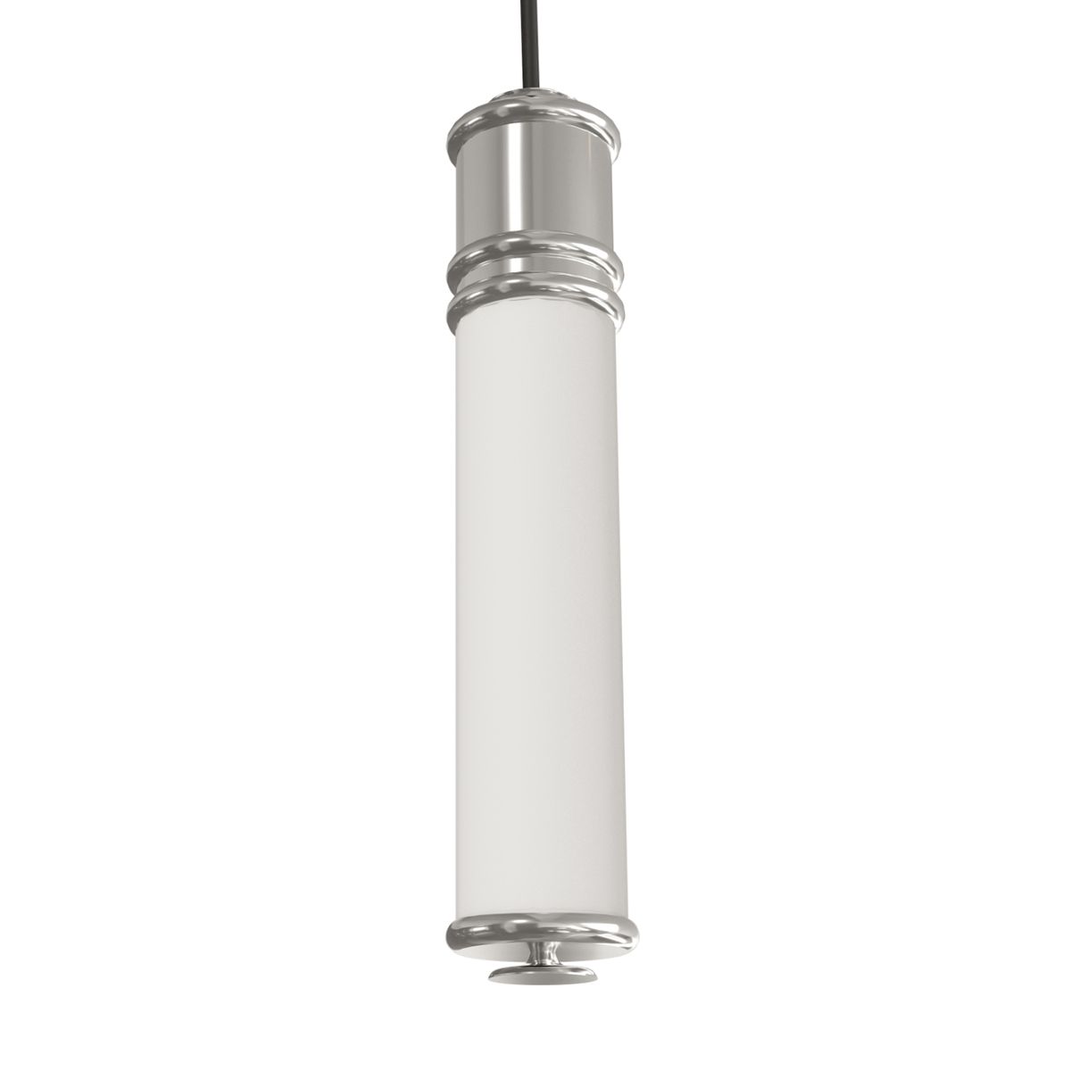 Lampa wisząca LED Omi I Cromo 10W 3000K w chromowanej obudowie. Cylindryczny kształt z białym kloszem. Zawieszona na czarnym przewodzie, z widoczną metalową podstawą. Idealna do nowoczesnych wnętrz.