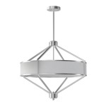 Lampa wisząca Zundo Satin Nikiel D60 w kolorze srebrnym, z metalową konstrukcją i białym abażurem. Ujęcie z boku, zwisająca, z czterema miejscami na żarówki E27. Prosta, nowoczesna forma z geometrycznymi detalami, idealna do wnętrz.