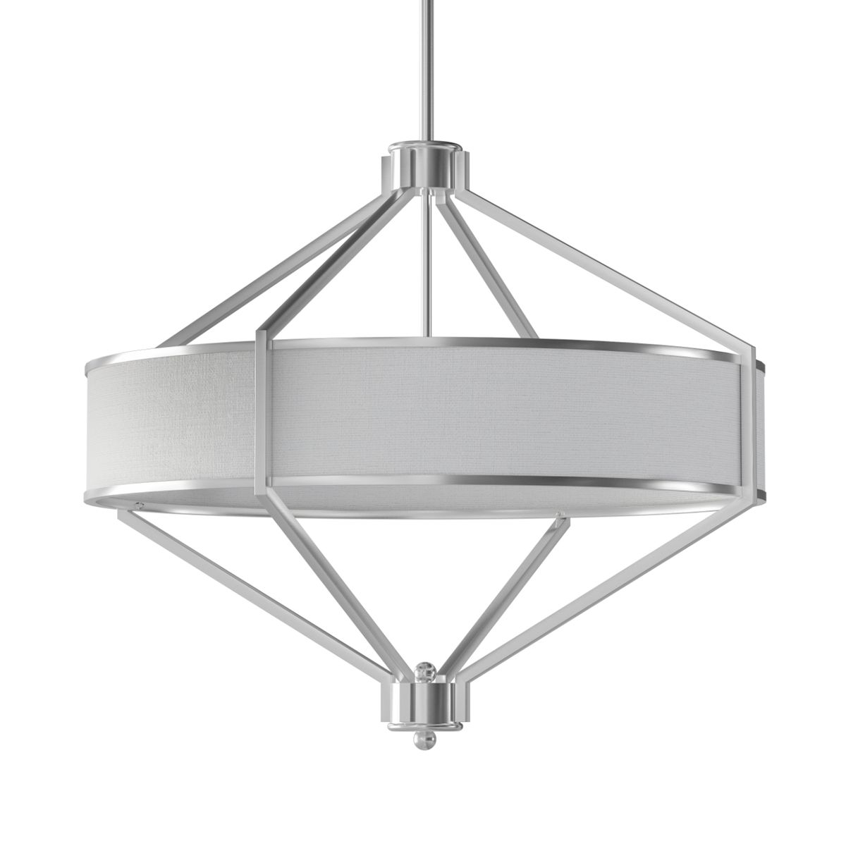 Lampa wisząca Zundo Satin Nikiel D60 w kolorze srebrnym. Metalowa konstrukcja z geometrycznym wzorem, z białym, teksturowanym abażurem. Ujęcie z boku, zawieszona na cienkim przewodzie, idealna do nowoczesnych wnętrz.