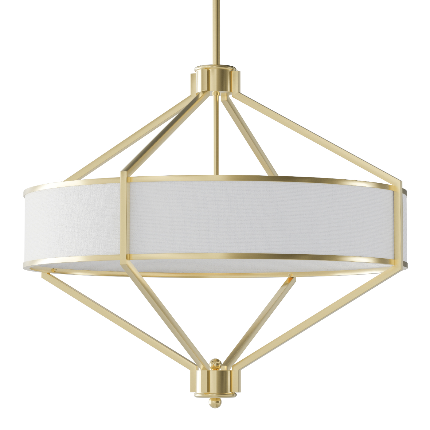Lampa wisząca Zundo Old Gold D60 z czterema oprawami E27, złota konstrukcja metalowa z białym, okrągłym abażurem. Ujęcie z boku, zawieszona na cienkim przewodzie, w nowoczesnym stylu, idealna do eleganckich wnętrz.