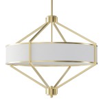 Lampa wisząca Zundo Old Gold D60 z czterema oprawami E27, złota konstrukcja metalowa z białym, okrągłym abażurem. Ujęcie z boku, zawieszona na cienkim przewodzie, w nowoczesnym stylu, idealna do eleganckich wnętrz.