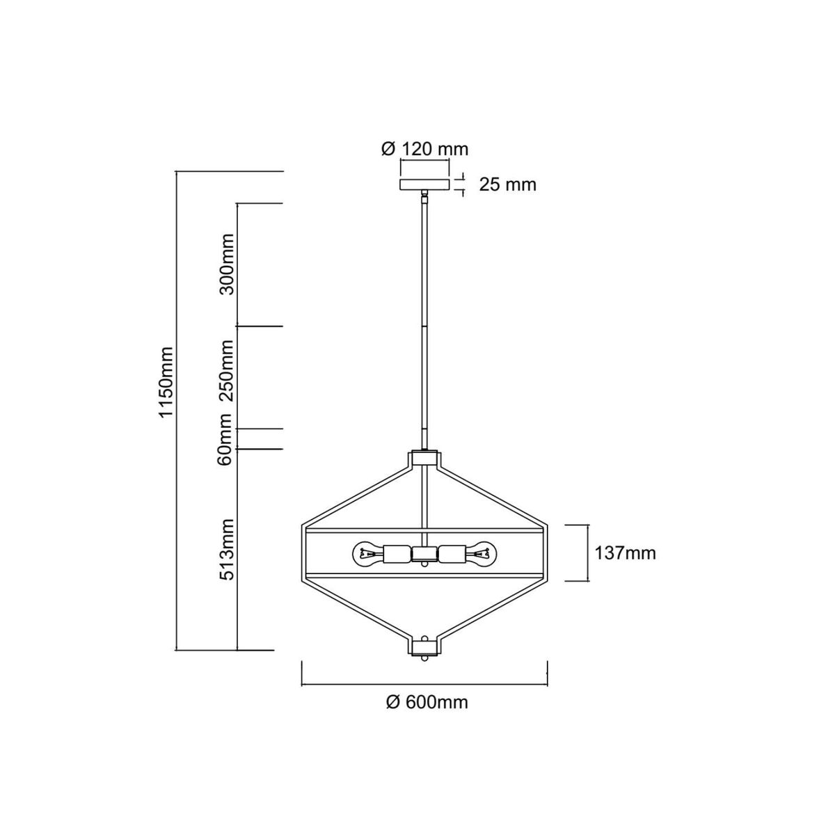 Lampa wisząca Zundo Chocco D60 w kolorze brązowym, przeznaczona dla 4 żarówek E27. Kształt diamentu, średnica 600 mm, wysokość 1150 mm z regulowanym przewodem. Prosty, nowoczesny design, idealna do różnych wnętrz.