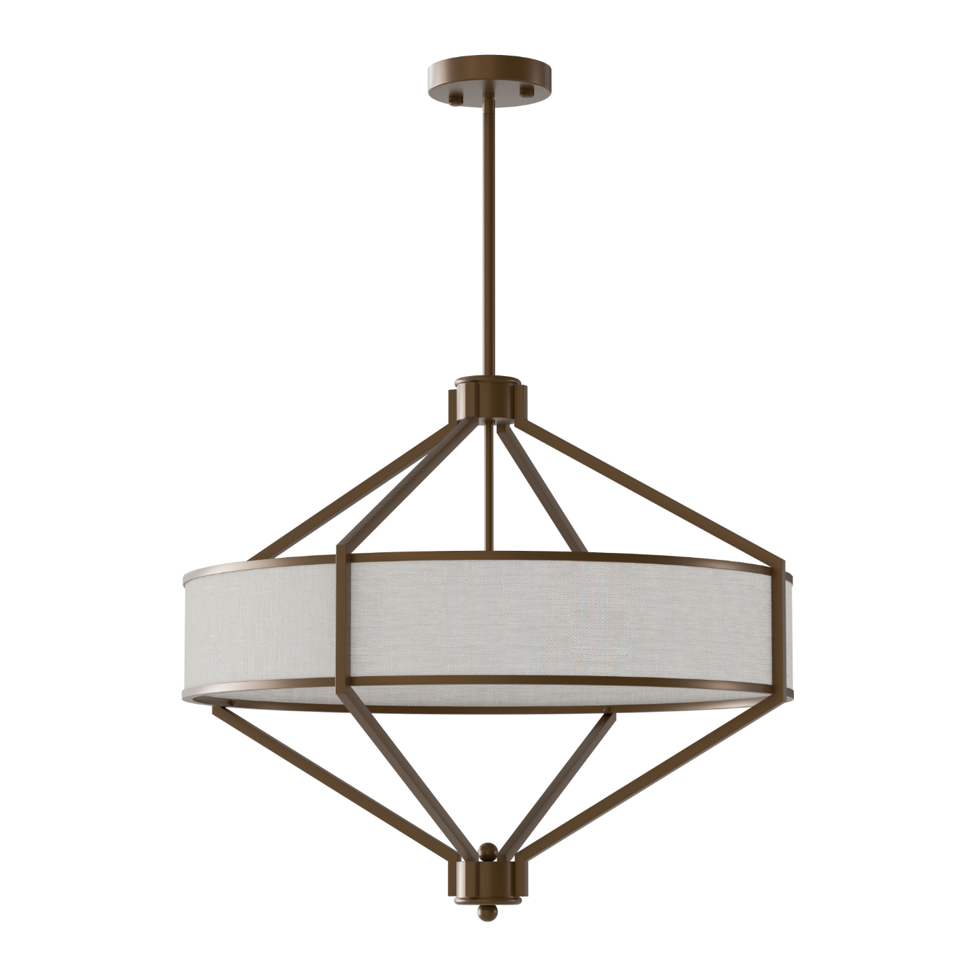 Lampa wisząca Zundo Chocco D60 w brązowej oprawie, z okrągłym abażurem w jasnym kolorze, zawieszona na cienkim pręcie. Kąt ujęcia z boku ukazuje geometryczną konstrukcję z metalowymi elementami. Przeznaczona na cztery żarówki E27.