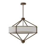 Lampa wisząca Zundo Chocco D60 w brązowej oprawie, z okrągłym abażurem w jasnym kolorze, zawieszona na cienkim pręcie. Kąt ujęcia z boku ukazuje geometryczną konstrukcję z metalowymi elementami. Przeznaczona na cztery żarówki E27.