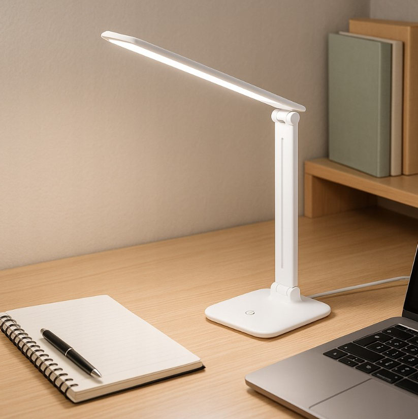 Lampka biurkowa Marina LED 9W/4500K w kolorze białym, stojąca na kwadratowej podstawie. Lampka ma smukły, regulowany ramion, obok notes i długopis na drewnianym biurku, laptop w tle.