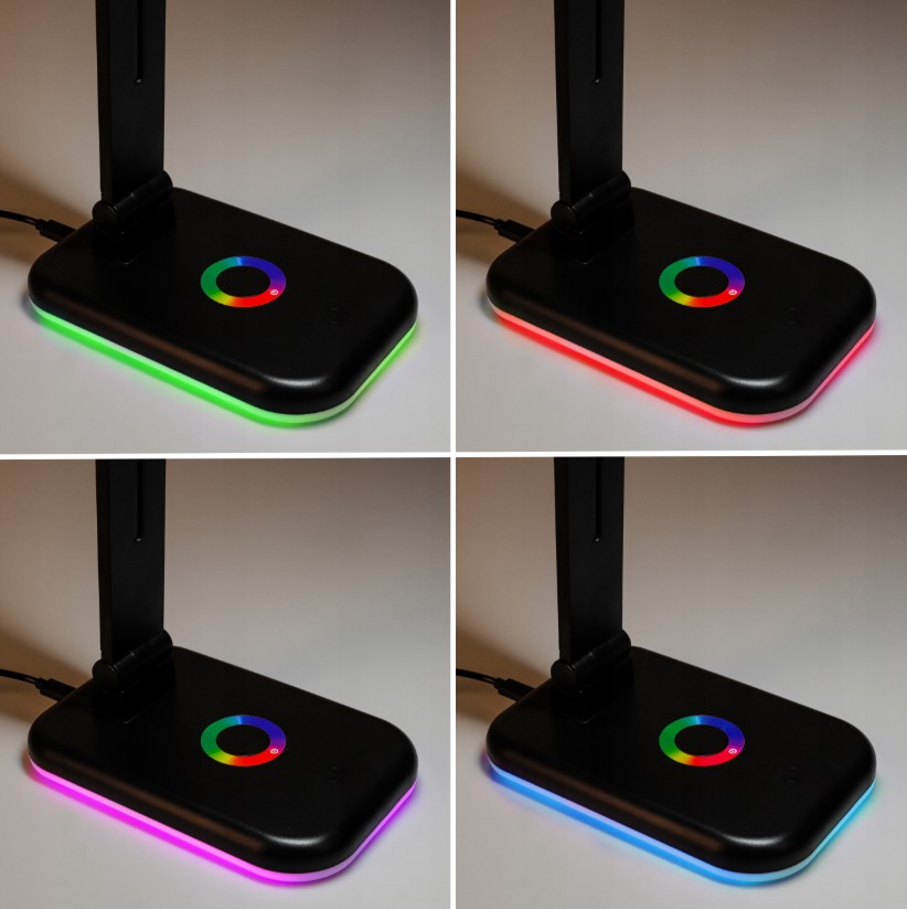 Czarna lampka biurkowa Alma LED 12W/CCT + RGB z okrągłym przyciskiem zmiany kolorów. Widoczna podstawa z efektownym podświetleniem w różnych kolorach: zielonym, czerwonym, różowym i niebieskim. Stojąca, z regulowanym ramieniem.
