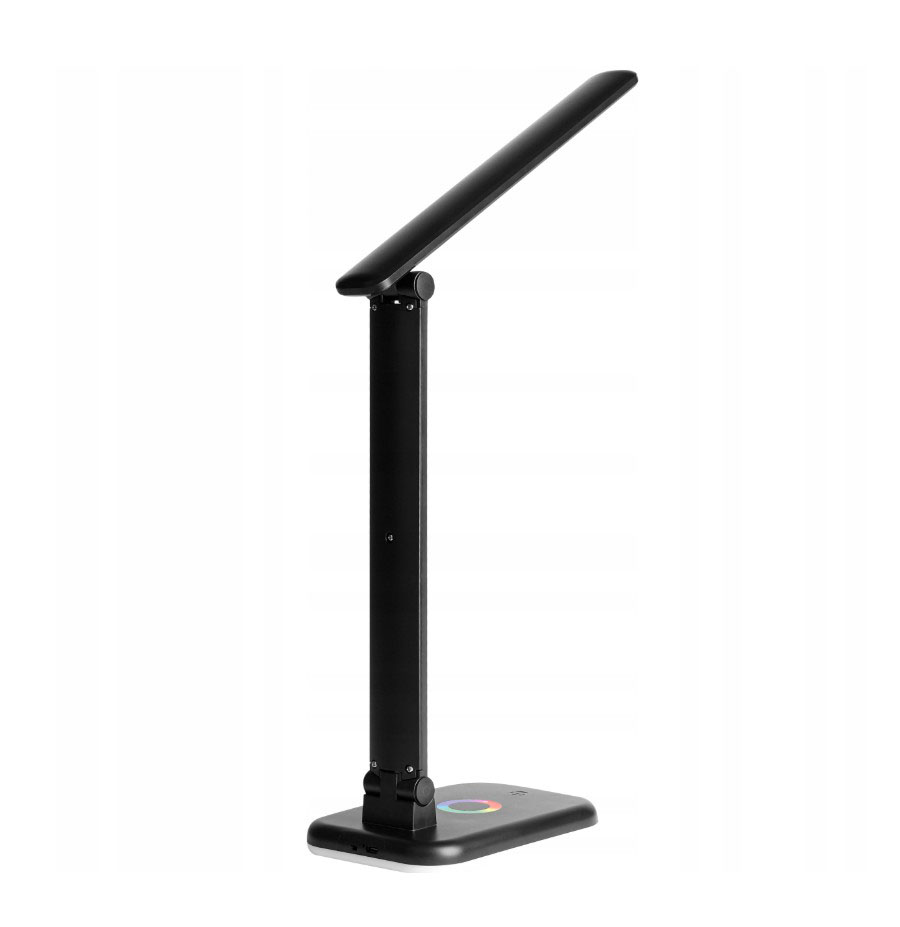 Lampka biurkowa Alma LED 12W/CCT + RGB w kolorze czarnym, z prostą, minimalistyczną konstrukcją. Ujęcie z boku, z widocznym przyciskiem zmiany kolorów na podstawie. Stojąca, regulowana w górę i w dół.