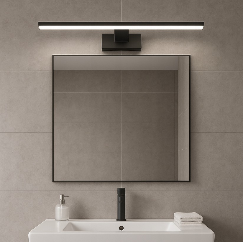 Besta kinkiet łazienkowy LED w kolorze czarnym, o wymiarach L60 cm i mocy 15W, zamontowany nad prostokątnym lustrem w nowoczesnej łazience. Światło LED o prostej formie, dobrze widoczne na tle jasnych płytek.