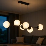 Lampa wisząca Bali z sześcioma oprawami E27 w kolorze czarnym, zawieszona na cienkich linkach. Okrągłe klosze w białym kolorze, różnej wielkości, rozmieszczone asymetrycznie. Tło z ciemnymi zasłonami i sofy w stonowanych kolorach.