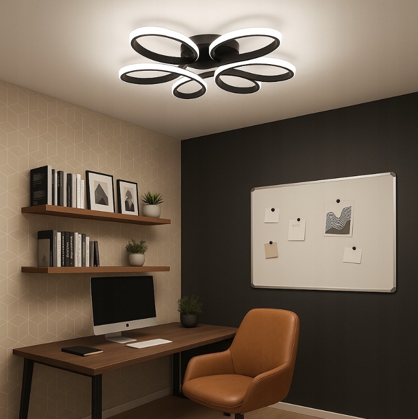 Czarna lampa sufitowa Galaxis Virgo LED 77W z pilotem, o nowoczesnym designie z plecionkami świetlnymi, zamontowana na suficie w biurze, w otoczeniu drewnianego biurka, komputera i półek z książkami.