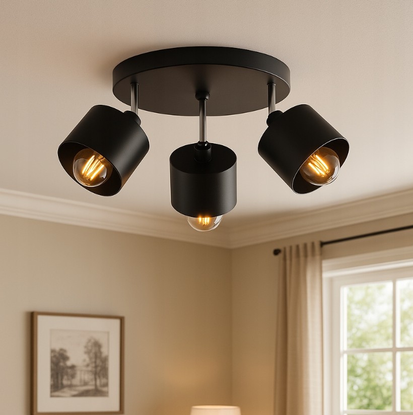 Okrągła lampa sufitowa Elza w kolorze czarnym z trzema reflektorami E27. Reflektory mają metalowe klosze w formie walca, skierowane w różne strony. Lampa zamontowana na okrągłej podstawie, w tle widoczna jasna ściana i okno z zasłonami.