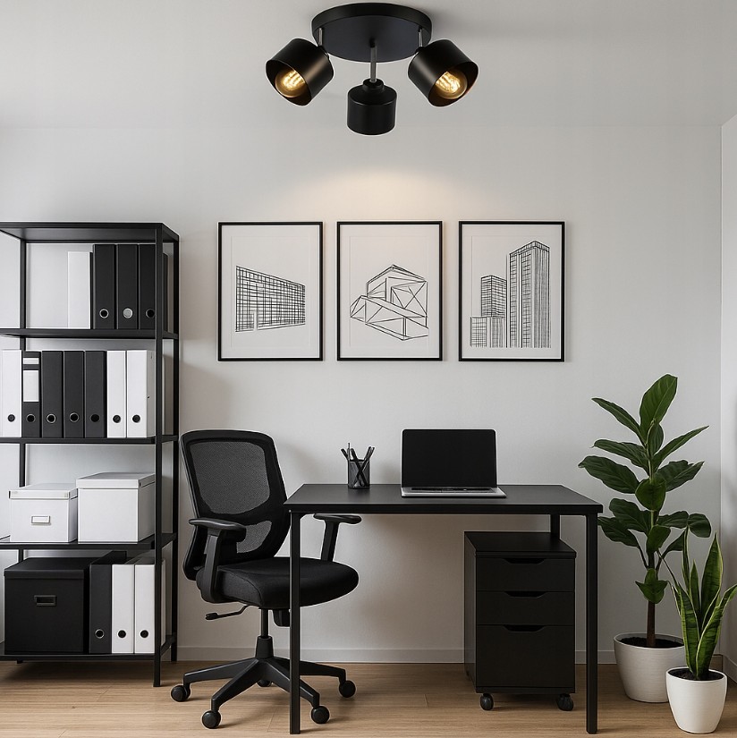 Okrągła lampa sufitowa Elza w kolorze czarnym z trzema reflektorami na żarówki E27. Zawieszona w minimalistycznym biurze, na tle białej ściany z grafikami. W otoczeniu czarnego biurka, krzesła i regału z dokumentami.