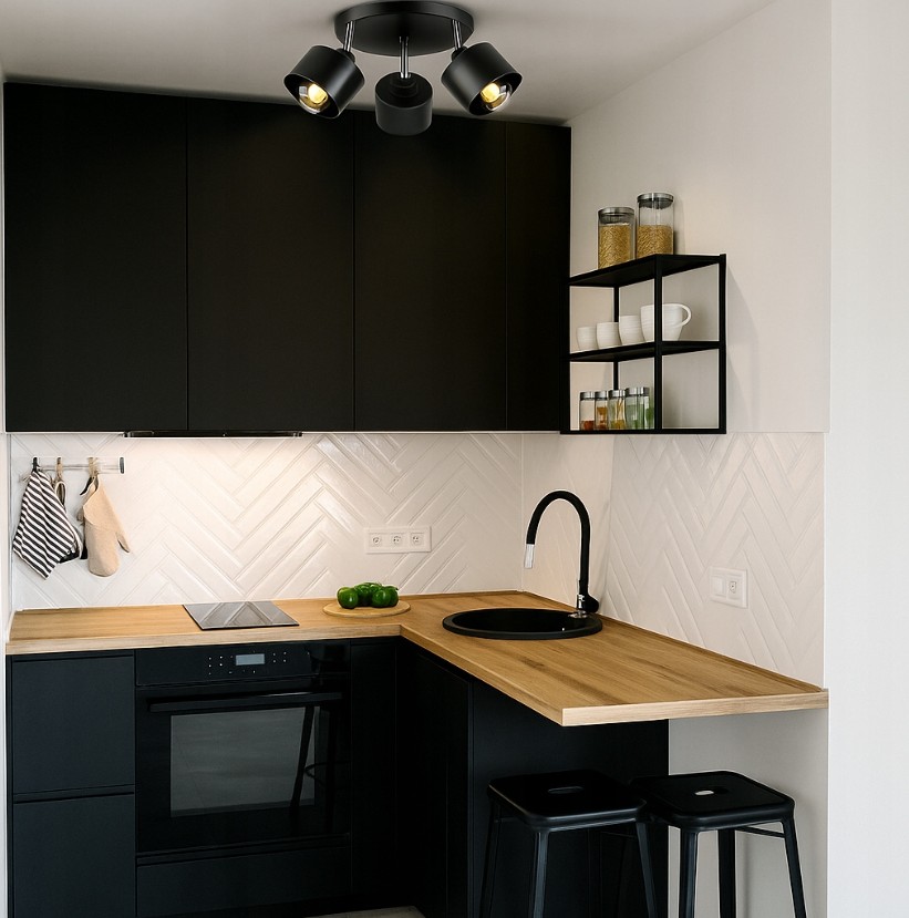 Okrągła lampa sufitowa Elza z trzema reflektorami E27 w kolorze czarnym, zamontowana na suficie kuchni. Widok z dołu, ukazujący nowoczesny design i położenie nad drewnianym blatem oraz czarnym zlewozmywakiem.
