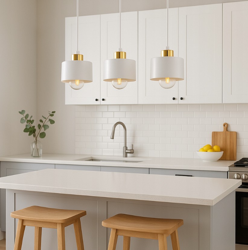 Lampa wisząca Elza z trzema źródłami światła typu E27, w kolorze białym z złotymi detalami. Zawieszona na białych linkach, umieszczona nad minimalistycznym blatem kuchennym, obok dwóch drewnianych stołków.