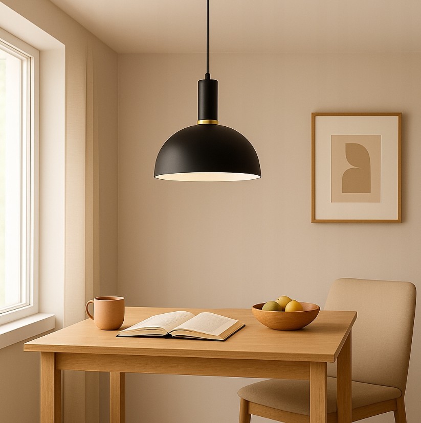 Czarna lampa wisząca Koko z oprawą z matowego metalu, o kulistym kształcie, zawieszona na cienkim przewodzie. Lampa umieszczona nad drewnianym stołem w jasnym wnętrzu, obok filiżanki i miski z owocami.