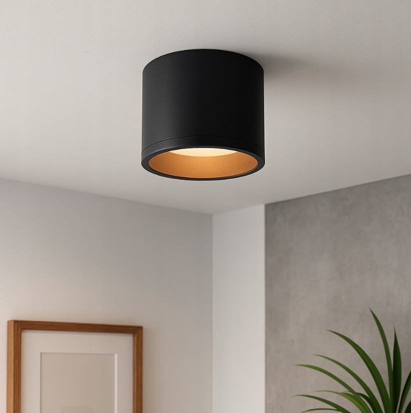 Lampa sufitowa Golda w formie czarnej tuby z złotym wnętrzem, zamontowana na suficie. Prosta, cylindryczna konstrukcja, emitująca światło, idealna do nowoczesnych wnętrz. Tło w jasnych odcieniach z roślinnym akcentem w dolnym rogu.