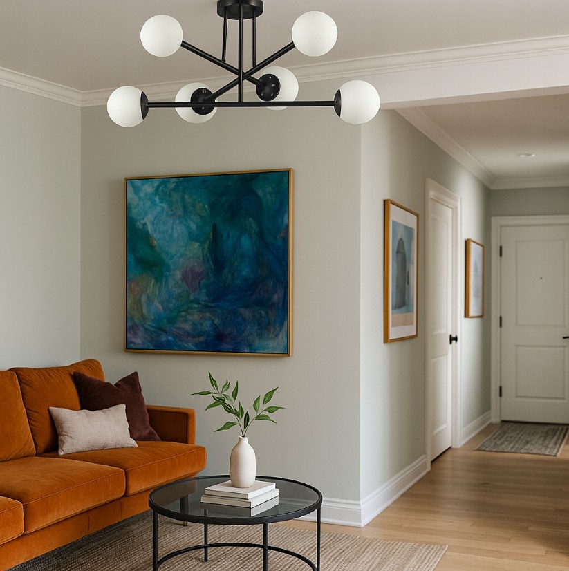 Czarna lampa sufitowa Bali z sześcioma oprawami E27, w industrialnym stylu. Okrągłe, białe klosze rozmieszczone na ramionach lampy, zawieszona w nowoczesnym wnętrzu z kanapą i obrazem na ścianie.