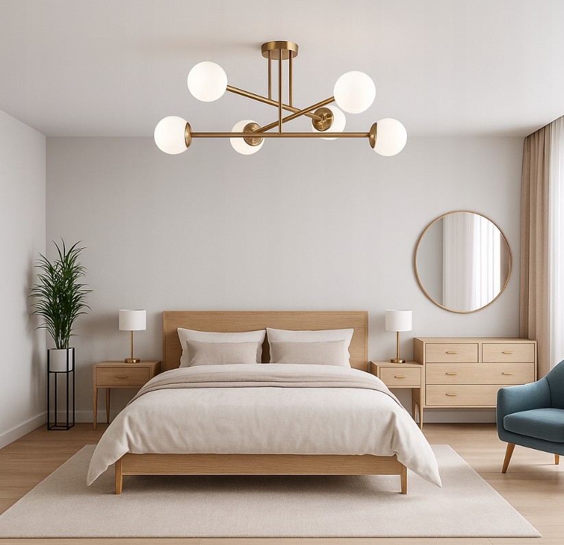 Lampa sufitowa Bali w kolorze złotym, z sześcioma oprawami na żarówki E27. Posiada nowoczesny design z okrągłymi, mlecznymi kloszami, zamocowana na suficie w eleganckim wnętrzu sypialni.