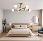 Lampa sufitowa Bali w kolorze złotym, z sześcioma oprawami na żarówki E27. Posiada nowoczesny design z okrągłymi, mlecznymi kloszami, zamocowana na suficie w eleganckim wnętrzu sypialni.